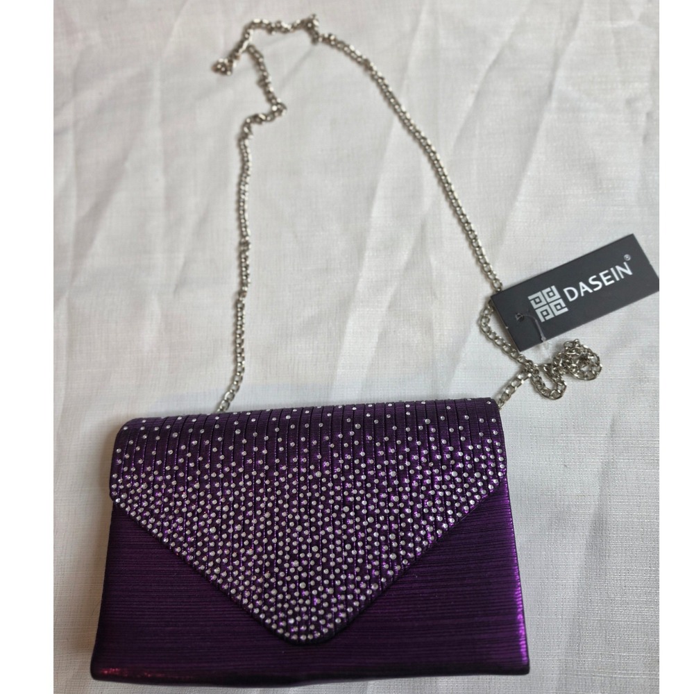 Dasein Purple Metallic Rhinestone Evening Clutch Bag with Chain Strap NWT